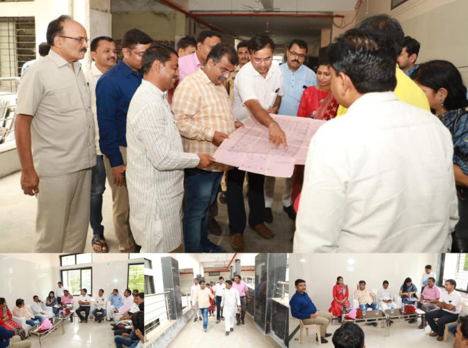 [:en]Raigad District Guardian Minister Shri.Ravindra Chavan, while planning for the remaining work ofproposed sub-district hospital at Panvel.[:hi]पनवेल येथील नियोजित उपजिल्हा रुग्णालयाच्या कामकाजाचा आढावा घेत असताना उर्वरित कामांची १५ दिवसात पूर्ती व्हावी यासाठी रायगड जिल्ह्याचे पालकमंत्री मा. रवींद्र चव्हाण यांसह नियोजन करताना .... [:] 1
